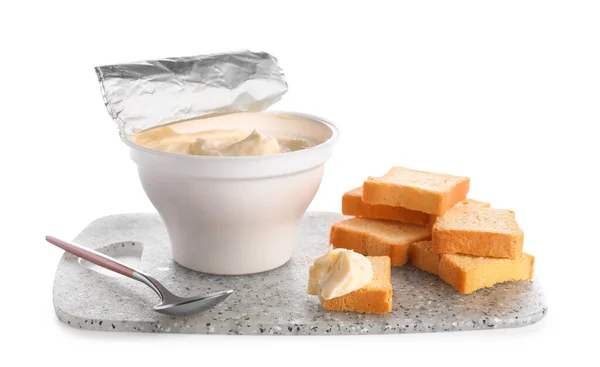 Plastic Container Tasty Cream Cheese Croutons White Background — Stock Photo, Image
