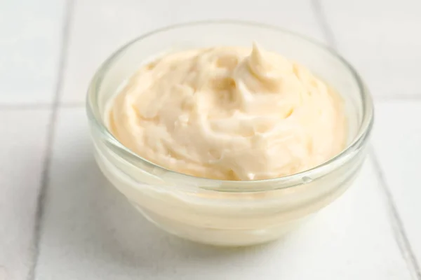 Bowl Tasty Cream Cheese White Tile Background — Stock Photo, Image