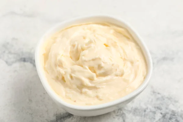 Bowl Tasty Cream Cheese White Marble Background — Stock Photo, Image