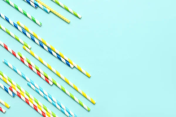 Different Paper Drinking Straws Blue Background — Stock Photo, Image