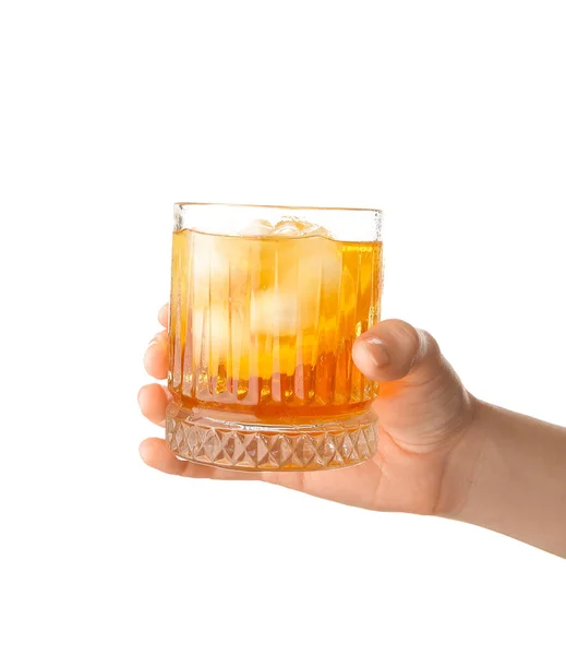 Female Hand Holding Glass Ice Tea Orange White Background — Stock Photo, Image