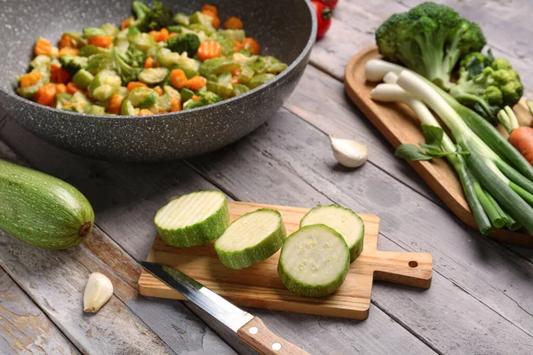 Frying Pan Different Vegetables Grey Wooden Background — Stock Photo, Image
