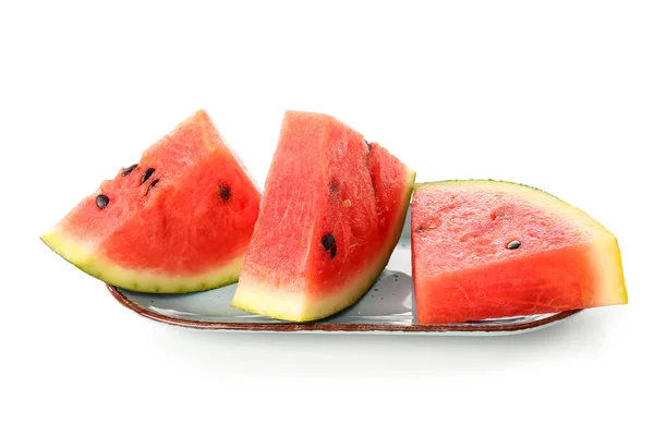 Plate Pieces Fresh Watermelon White Background — Stock Photo, Image