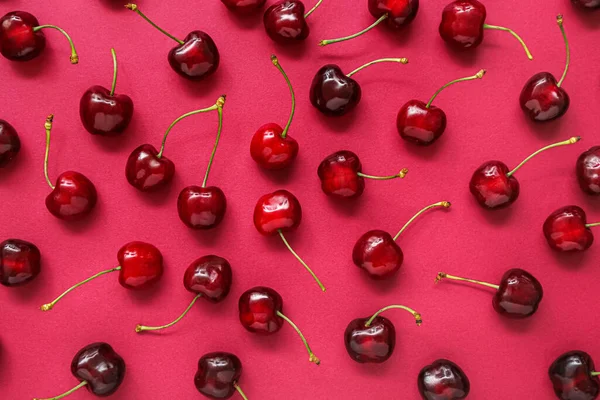 Many Sweet Cherries Red Background — Stock Photo, Image