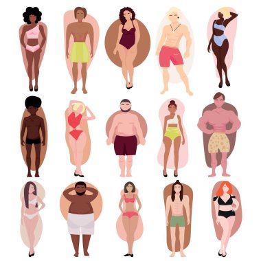 Beyaz arka planda farklı vücut şekilleri olan iç çamaşırlı bir grup insan.
