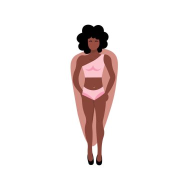 Beyaz arka planda iç çamaşırlı güzel Afro-Amerikalı kadın.