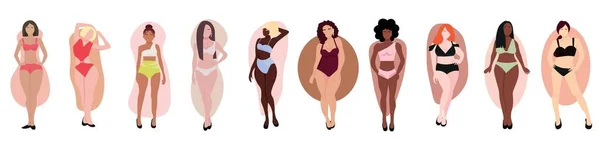 Frauen Unterwäsche Mit Unterschiedlichen Körperformen Auf Weißem Hintergrund — Stockvektor