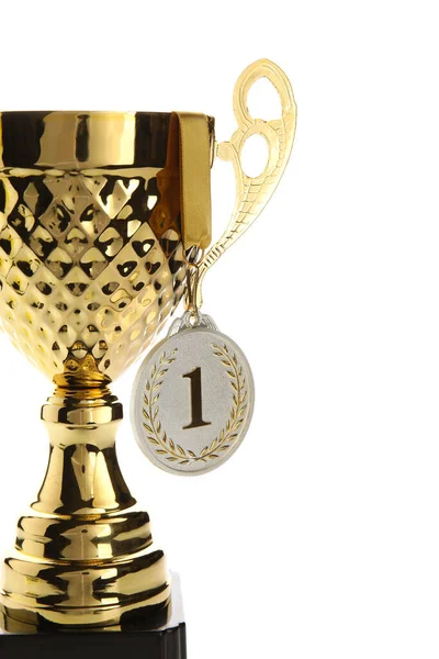 Золотой Кубок Медалью Первое Место Белом Фоне Крупный План — стоковое фото