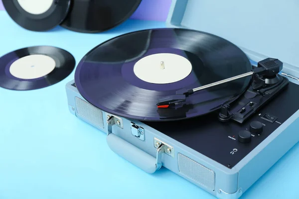 Record Player Vinyl Disk Blue Table Closeup — Stock Photo, Image