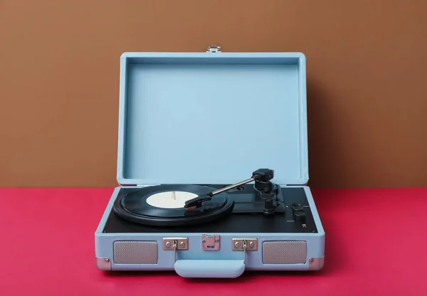 Record Player Vinyl Disk Table Brown Wall — Stock Photo, Image