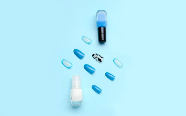 Press Nails Polishes Blue Background — Stock Photo, Image