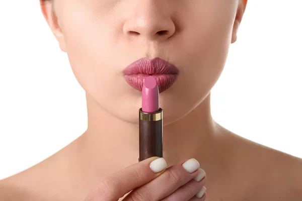 Woman Applying Pink Lipstick White Background Closeup — Stock Photo, Image