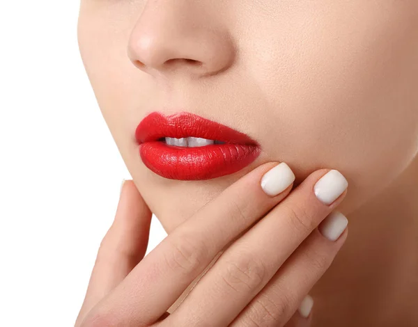 Γυναίκα Κόκκινα Χείλη Λευκό Φόντο Closeup — Φωτογραφία Αρχείου