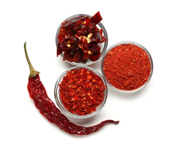 Bowls Ground Sliced Chili Dry Hot Pepper White Background — Stock Photo, Image