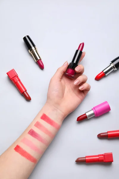 Woman Lipsticks Samples Light Background — Stock Photo, Image