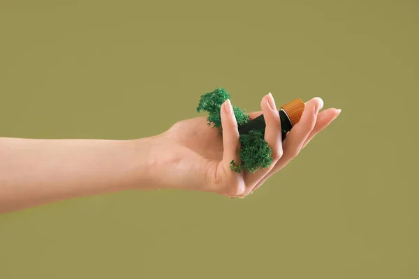 Hand Holding Moss Cosmetic Product Color Background — Stock Photo, Image