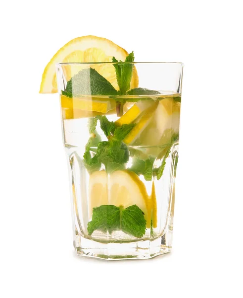 Glass Infused Water Lemon Mint White Background — Stock Photo, Image