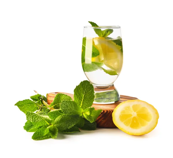 Glass Infused Water Lemon Mint White Background — Stock Photo, Image