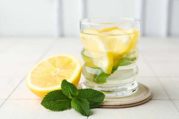 Glass Infused Water Lemon Mint White Tile Table — Stock Photo, Image