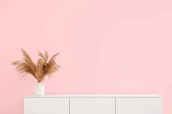 Modern Chest Drawers Pampas Grass Pink Wall Room — Stock Photo, Image