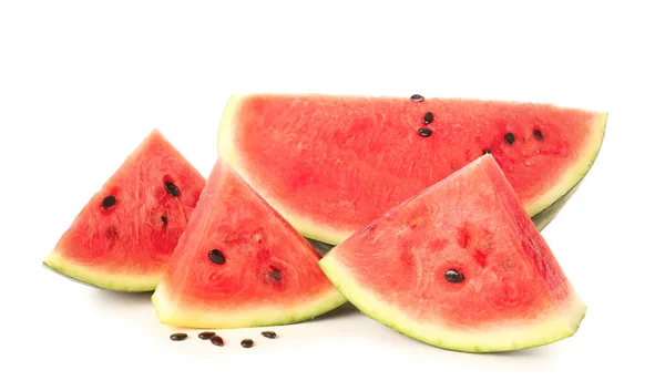 Stücke Frischer Wassermelone Mit Samen Auf Weißem Hintergrund — Stockfoto