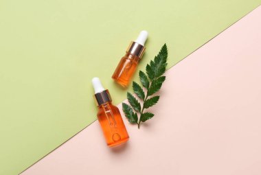 Renk arkaplanında bitki dalı olan kozmetik yağı şişeleri