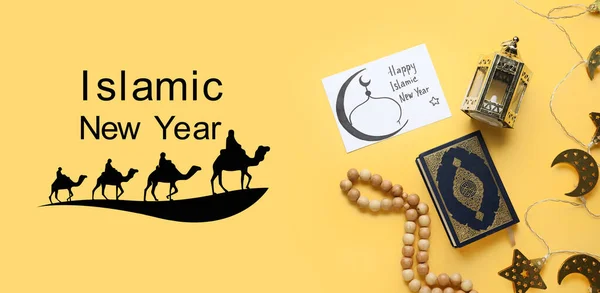 Banner Pentru Anul Nou Islamic Coran Lampă Musulmană Tasbih — Fotografie, imagine de stoc
