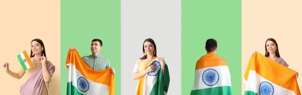 Set Persone Con Bandiere Dell India Sfondo Colori — Foto Stock