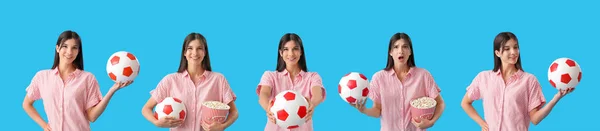 Uppsättning Ung Kvinna Med Fotboll Och Popcorn Ljusblå Bakgrund — Stockfoto