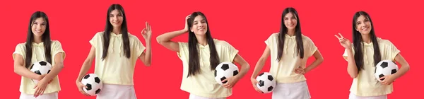 Набір Молодої Жінки Футбольним Ячем Червоному Тлі — стокове фото