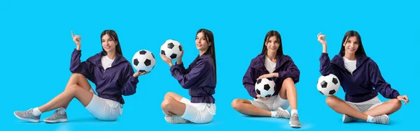 Set Wanita Muda Dengan Bola Sepak Pada Latar Belakang Biru — Stok Foto
