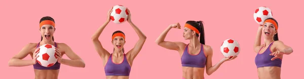 Set Van Sportieve Jonge Vrouw Met Voetbal Roze Achtergrond — Stockfoto