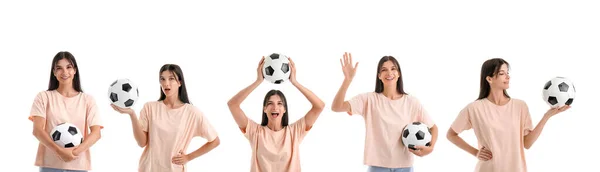 Set Van Jonge Vrouw Met Voetbal Witte Achtergrond — Stockfoto