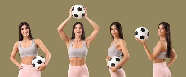 Sada Sportovní Mladá Žena Fotbalovým Míčem Barevném Pozadí — Stock fotografie