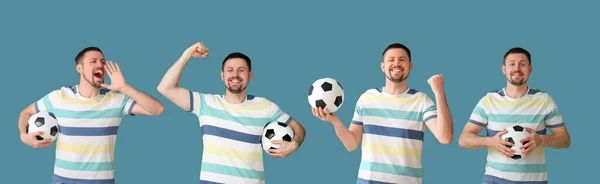 ライトブルーの背景にサッカーボールを持つ男のセット — ストック写真
