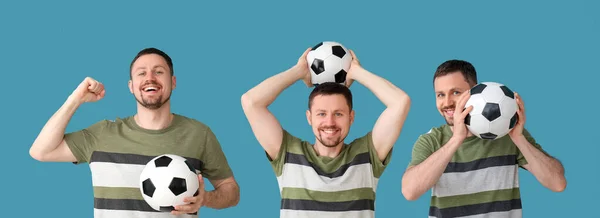 Set Uomo Con Pallone Calcio Sfondo Azzurro — Foto Stock