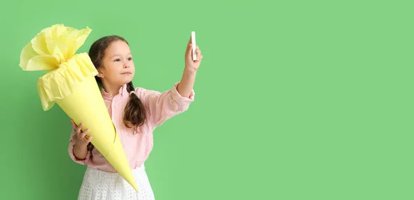 Cute Little Girl School Cone Chalk Green Background Space Text — Stock Photo, Image