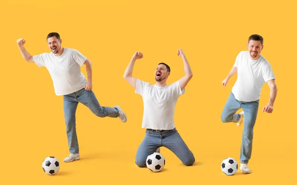Set Uomo Con Pallone Calcio Sfondo Giallo — Foto Stock
