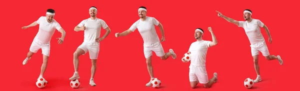 Set Van Man Met Voetbal Rode Achtergrond — Stockfoto