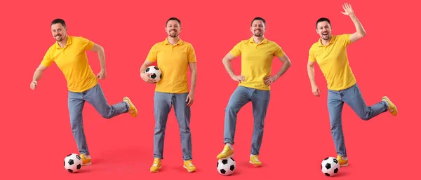 Set Von Mann Mit Fußball Auf Rotem Hintergrund — Stockfoto