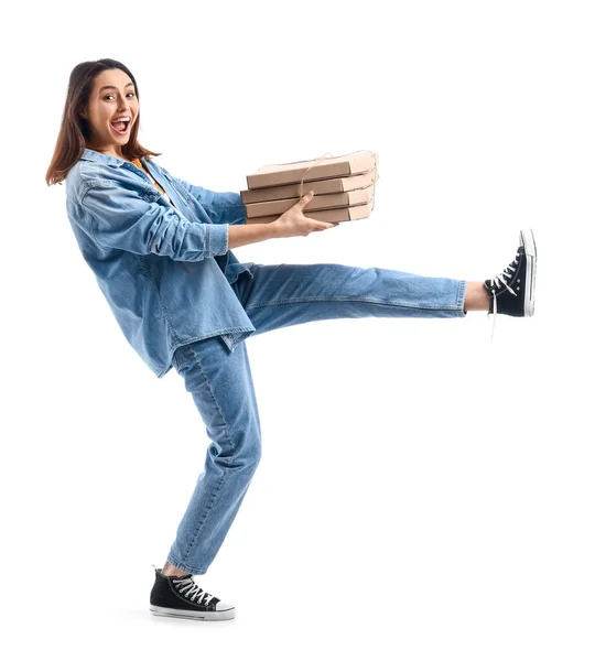 Young Woman Cardboard Boxes Pizza White Background — Φωτογραφία Αρχείου