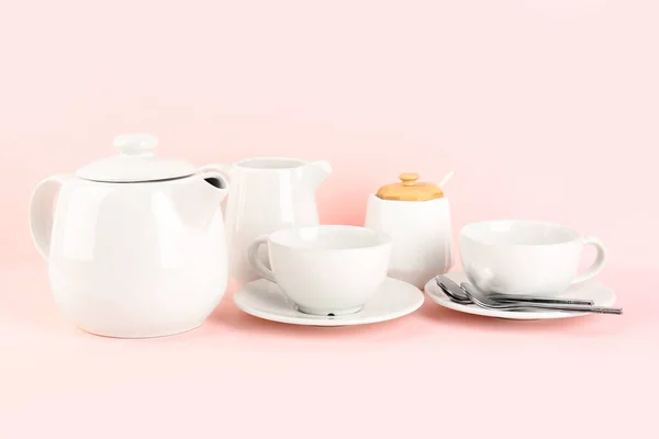 Stílusos Tea Készlet Rózsaszín Háttér — Stock Fotó