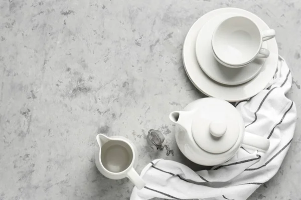 Összetétel Stílusos Tea Készlet Szürke Grunge Asztal — Stock Fotó