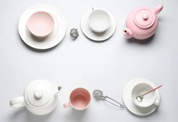 Composition Stylish Tea Set Grey Background — Stock Photo, Image