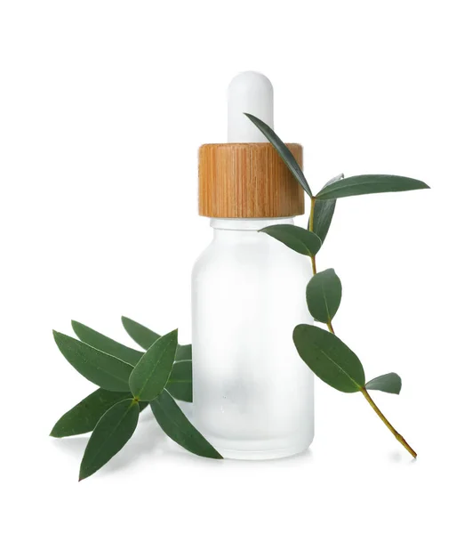 Bottle Cosmetic Oil Eucalyptus Twig White Background — Stock Photo, Image