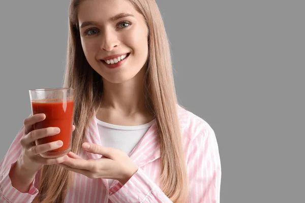 Young Woman Glass Vegetable Juice Grey Background Closeup — Stock Photo, Image