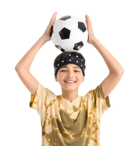 Kleine Jongen Met Voetbal Witte Achtergrond — Stockfoto