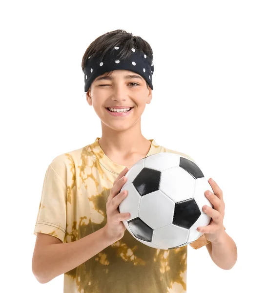 Kleine Jongen Met Voetbal Witte Achtergrond — Stockfoto