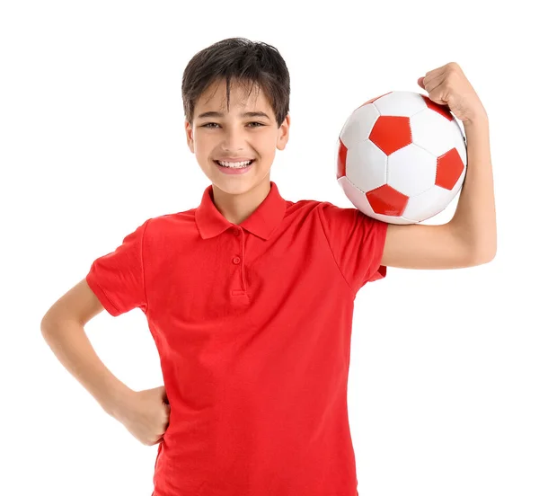 白い背景にサッカーボールを持つ小さな男の子 — ストック写真
