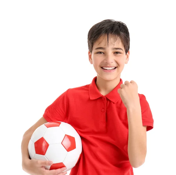 Šťastný Malý Chlapec Fotbalovým Míčem Bílém Pozadí — Stock fotografie